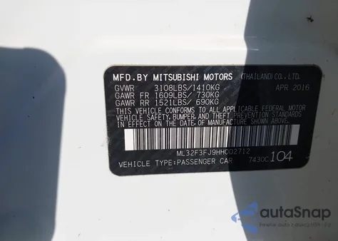 2017 Mitsubishi Mirage G4 Es z USA, uszkodzony, nr VIN ML32F3FJ9HH002712